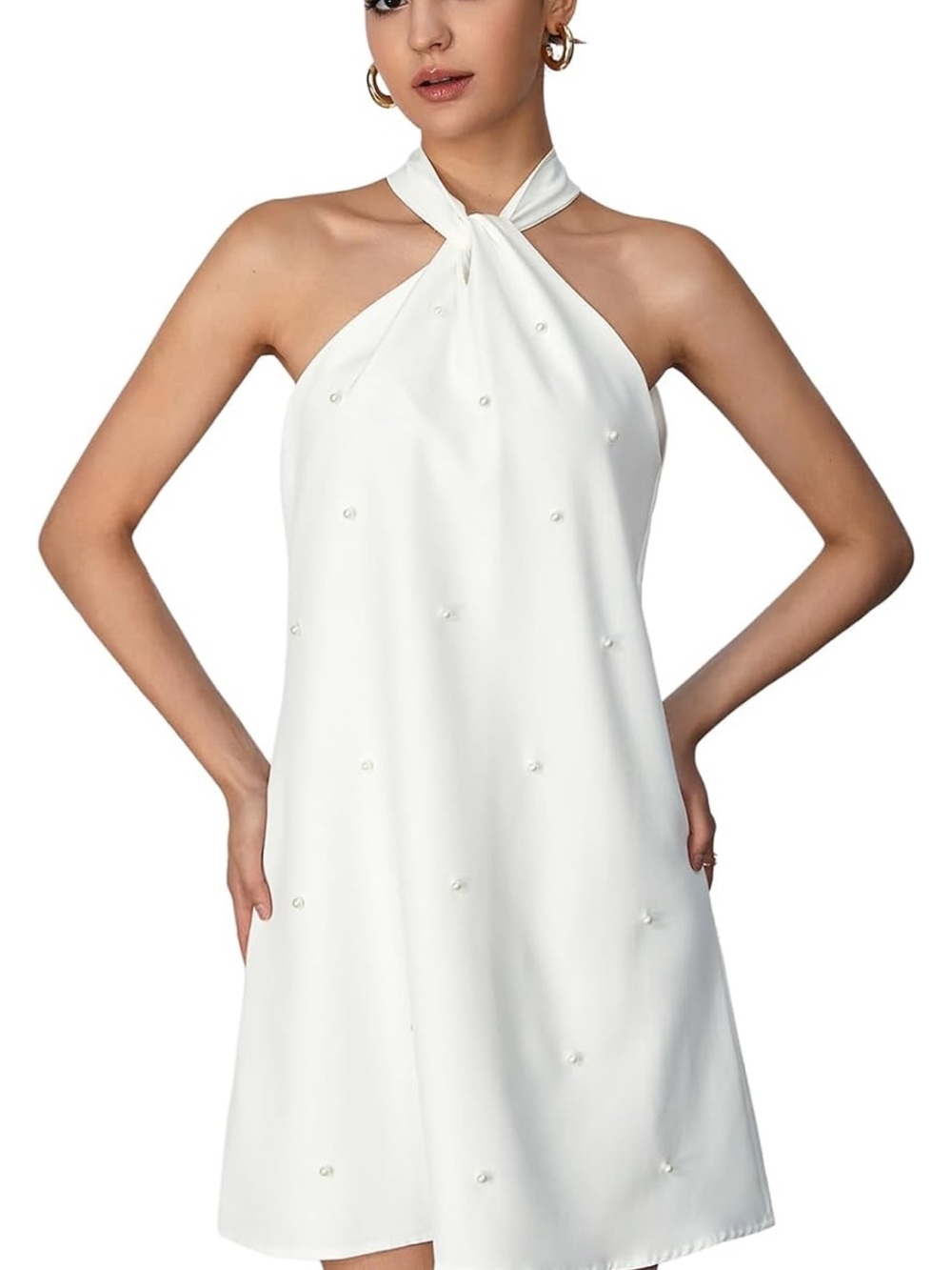 White Halter Pearl-Accent Dress